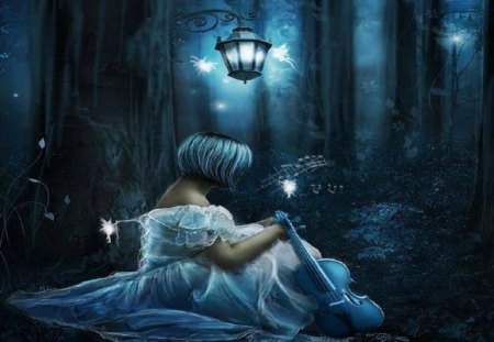 Music For The Fairies - fairies, abstract, music, fantasy, woman, violin, forest, lantern