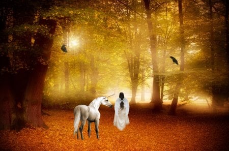 Angel and Unicorn - autumn, lady, angel, fantasy, unicorn