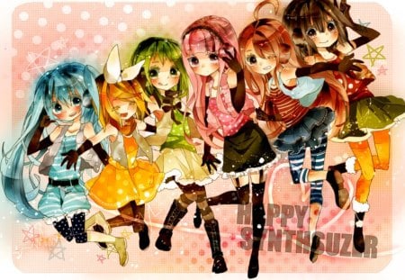 Happy Synthsuzer - anime, vocaloid, meiko, wink, hatsune miku, girls, group, gumi, colorful, rin kagamine, megurine luka, cute, friends