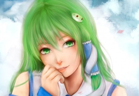 Kochiya Sanae - anime, female, snake, green eyes, green hair, long hair, touhou, anime girl, realistic, hot, girl, kochiya sanae, cg, cute, 3d, sexy, close up