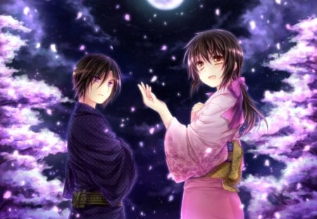 Night of Happiness - hug, lover, female, hakuouki shinsengumi kitan, hijikata toshizou, anime girl, black hair, shinsengumi, cherry blossom, anime, romance, sakura blossom, kimono, short hair, moon, handsome, male, couple, girl, yukimura chizuru, long hair, night, floral, sakura, romantic, boy, pink, blossom, yukata, sweet, guy, flower