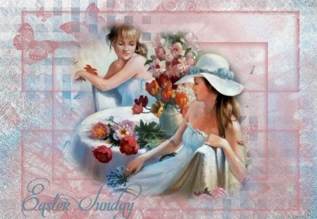 Easter Sunday - easter, sunday, hats, white, purple, yellow, pink, red, blue, holiday, green, flowers, pastels, butterflies