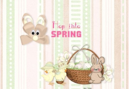 Hop Into Spring - pretty, yellow, rabbits, hop, beautiful, spring, pink, bunny, easter, basket, white, green, chicks, cute, pastels