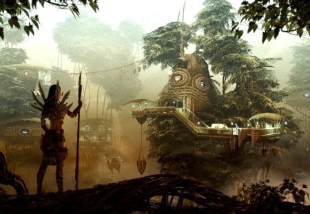 Fantastic World - warrior, guardian, artwork, trees, buildings