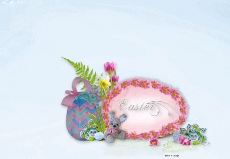 Easter Setting - pretty, yellow, rabbits, blue, easter egg, spring, holidays, pink, easter, flowers, white, green, cute, bunnies, decorations, pastels