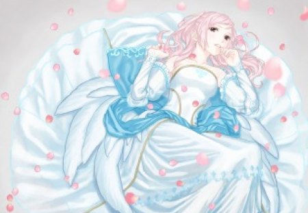 White Beauty - gown, cute, plain, beautiful, hot, anime girl, girl, white, pink hair, simple, pretty, beauty, sweet, anime, dress, long hair, petals, nice, lovely, sexy, female