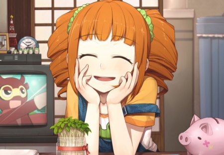 Happy Face - pretty, pig, anime, female, adore, happy, nice, anime girl, beautiful, girl, beauty, lovely, sweet, excited, cute, adorable, orange hair