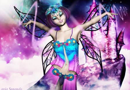 ✰Little Pink Star✰ - pretty, female, blue, angels, eyes, dress, sharp, pink, stars, fairies, 3D art, face, beautiful, digital art, beauty, colors, lovely, cool, love, sweet, hair, characters, colorful, fantasy, lips, wings, show, fairy, cute, little, dances