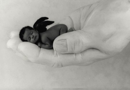 Tiny - wp, photography, angel, tiny angel, sweet, black, white, hand, bw, art