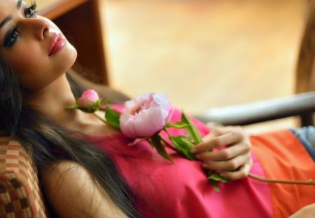 beauty and flower - black, girl, flower, spring