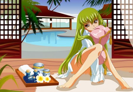 Code Geass - fun, sitting, cc, emotional, anime girl, orange eyes, gorgeous, amazing, blond hair, pretty, blonde hair, japan, anime, cute, manga, yellow eyes, pillow, sexy, long hair, code geass, lovely, c c, playful, beautiful, sweet, serious, smile, awesome