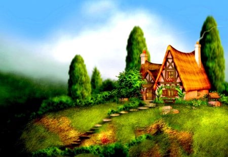 FAIRY TALE COTTAGE - cottage, fairytale, hills, trees