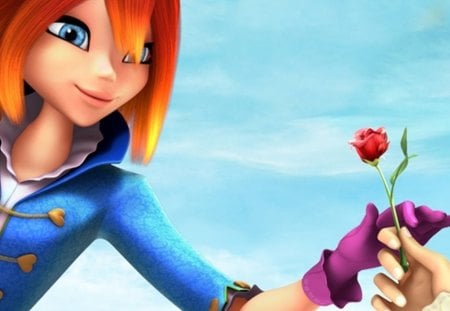 Rose for U - pretty, winx club, anime, cartoon, female, blossom, romance, happy, nice, anime girl, realistic, beautiful, girl, winx, beauty, lovely, love, sweet, flower, bloom, cg, rose, 3d, floral, orange hair, winxclub