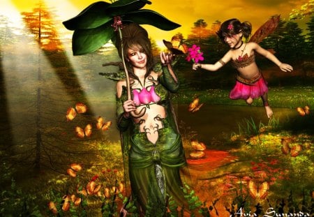 âœ°Cheerful Togetherâœ° - girls, summer, flying, plants, fantasy, lips, birds, sharp, animals, cool, flowers, love, butterflies, sunlight, clouds, lovely, female, hair, colors, 3d art, women, together, seasons, cute, beautiful, blossom, leaves, eyes, light, colorful, face, cheerful, pretty, rays, beauty, spring, sweet, digital art, dress, sky, characters, blooms, trees, sunshine