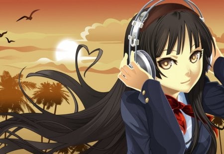 mio-akiyama - cloud, sky, headphone, sunset, girl, birds