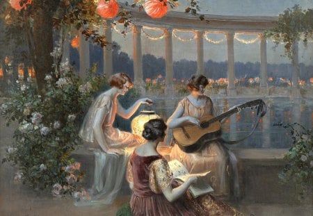 Evening on the terrace by Delphin Enjolras - blue, romantic, light, music, guitar, delphin enjolras, instument, art, evening on the terrace, lampion, water, girl, sea, beauty, orange, ocean, flower, lantern, lady, womna, green, painting