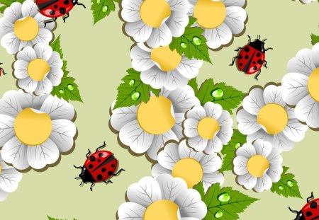 Flower Parade and Ladybugs - abstract, ladybug, daisy, fleurs, lady bugs, flowers, daisies, chamomile, green, garden