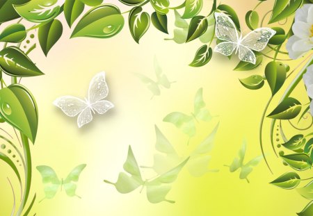 Freshness of Spring Leaves - fresh, summer, dew, spring, yellow, green, leaves, vines, butterflies, papillon