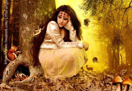 **Magic of Forest** - girls, models, squirrel, animals, hair, eyes, magic, colorful, face, amazing, insects, cool, digital art, deer, woods, beautiful, wild, leaves, fairy, women, photomanipulation, mushroom, trees, lips, female, fantasy, rocks, fall, pretty, fireflies, fairies, grasses, cute, forests, lovely, plants, splendor, flowers, colors