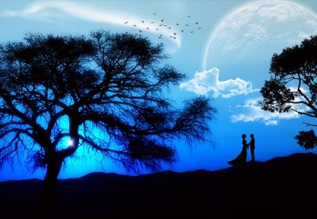 Forever Mine - couples, fantasy, silhouette, trees, blue