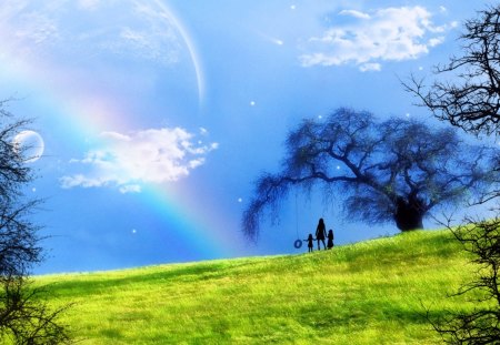 A Distant Dream - nature, moon, blue, dream, field