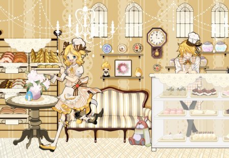 Welcome To The Bakery!!! - anime, vocaloid, rin and len kagamine, bakery, food, clock, sweets, cute, shop