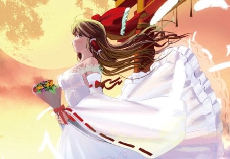 Reimu Bride - anime, female, dress, touhou, ribbon, reimu, hakurei reimu, bride, gown, anime girl, hot, girl, feather, flower, bouquet, cute, floral, sexy