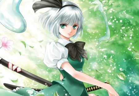 Konpaku Youmu - sword, touhou, cute, konpaku youmu, short hair, hot, anime, anime girl, girl, blade, sexy, female, weapon, green