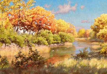 Painting - pretty, quiet, trees, lonely, beautiful, lovely, leaves, flowers, nature, painting, nice, paradise, peaceful, art, sky