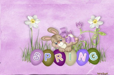 Spring Bunny - easter, bunny, spring, rabbit, purple, pretty, yellow, pink, blue, green, color, flowers, pastels, grass, cute, happy