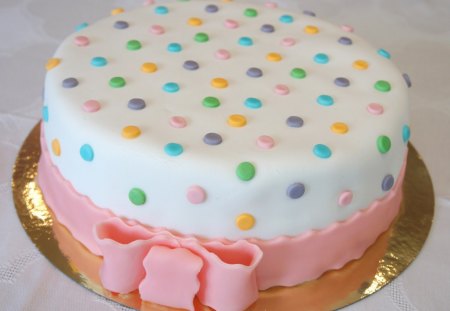 Marzipan cake for my friend camencitazapacita - yellow, delicious, blue, food, pink, sweet, marzipan, plate, white, green, golden, bow, cake, dot