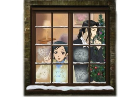 Haji n Saya X'mas - flower, lover, christmas, male, couple, blood plus, saya otonashi, love, anime, holiday, merry christmas, bloodplus, lovely, black hair, female, romantic, guy, gown, happy, blood, beautiful, girl, saya, christmas tree, pretty, handsome, short hair, haji, beauty, window, sweet, romance, dress, long hair, nice, boy