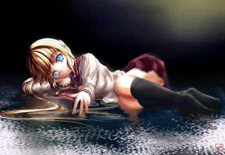 Lie down on the Floor - sexy, hot, girl, female, blue eyes, long hair, blond, anime girl, floor, blond hair, blonde hair, anime, cute, blonde