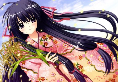 Paddy - pretty, anime, anime girl, female, hot, dress, girl, lovely, petals, long hair, sweet, paddy, black hair, cute, nice, sexy