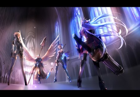 Becomes Stark - anime, female, warrior, wing, window, team, angel, long hair, group, blue hair, weapon, fighter, house, anime girl, hot, girl, wings, cute, sexy, building