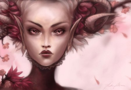 Zodiac ~ Aries - aries, eyes, beauty, spring, flower, pink, horns, bloom, elf, fantasy girl, zodiac