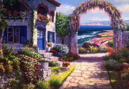 Coastal house - pretty, quiet, sunny, town, coast, cozy, home, calmness, flowers, countryside, view, lake, nice, art, cottage, house, water, beautiful, sea, lovely, village, painting, arch, serenity, peaceful