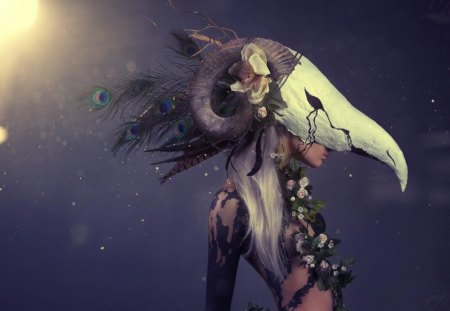 Zodiac ~ Aries - ram, blue, girl, blonde, spring, flower, skull, horns, creature, head, peacock feathers, fantasy, white, animal