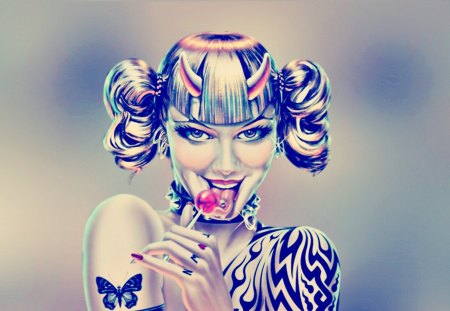 Hello, darlin' - blue, pigtails, pink, horns, lollipop, blue eyes, tattoo, girl, sweet, creature, fantasy, white, hand, woman, candy, demon, tongue