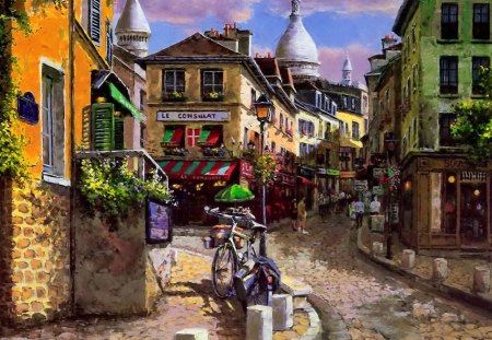 Monmartre, France - pretty, France, summer, people, walk, church, flowers, bike, nice, shops, Monmartre, art, house, stone, beautiful, beauty, lovely, street, painting, building