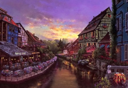 Romantic evening - summer, street, beautiful, rest, hotel, river, pretty, evening, flowers, romance, night, cafe, art, sky, restaurant, town, dusk, reflection, nice, lovely, romantic, painting