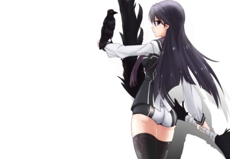 Rei Kuroki  - sexy, hot, female, long hair, simple, anime girl, black, vividred operation, black hair, white, crow, plain, anime, feather, weapon, cute