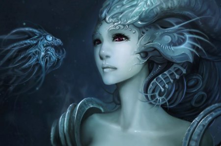 Horned beauty - amethyst eyes, water, blue, girl, beauty, pink, horns, creature, fantasy, animal, underwater, woman, octopus