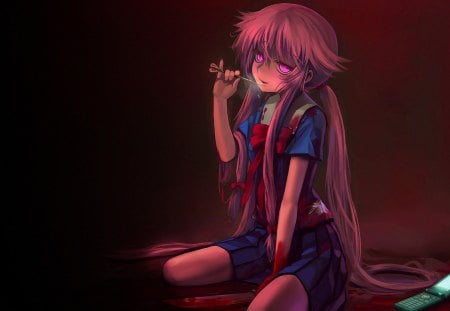 Gasai Yuno - yandere, Pink Hair, Gasai Yuno, Scary, Anime, Mirai Nikki, Blood, Girl, knife, Phone, Future