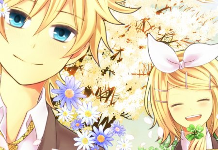 We Love Springtime!!! - rin and len kagamine, clovers, happy, flowers, spring, vocaloid, anime, petals, blue eyes, trees