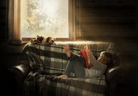 Boy and teddy bear - boy, teddy, room, teddy bear, photo