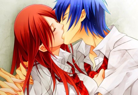 Fairy Tail Kiss - Cute, Sweet, Boy, Kiss, Anime, Long Hair, Romance, Blue Hair, Blush, Fairy Tail, Red Hair, kuzukiri5, Erza Scarlet, Girl, Original, Short Hair, School Uniform, Love, Jellal Fernandes