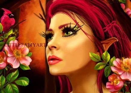 âœ°Gorgeous Elfbirdâœ° - girls, models, people, animals, hair, eyes, colorful, face, petals, digital art, lashes, beautiful, leaves, sweet, photo manipulation, fantastic, women, redhead, lips, female, leaf, fantasy, gorgeous, pretty, cardinal, angels, cute, elf, lovely, bird, pollen, red, splendor, flowers, colors