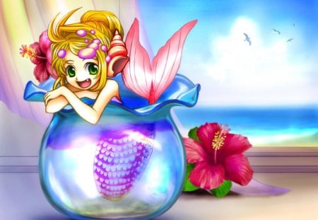 The Mermaid In The Bowl - flowers, colorful, vocaloid, fantasy, anime, mermaid, rin kagamine, cute