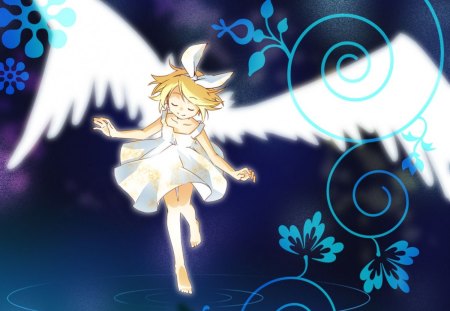 ~Angel In White~ - pretty, anime, vocaloid, angel, white dress, fantasy, rin kagamine, wings, barefoot